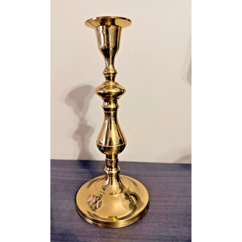 Brass Tone Metal Taper Candle Holder 8 Inch Candlestick Round Felt Base